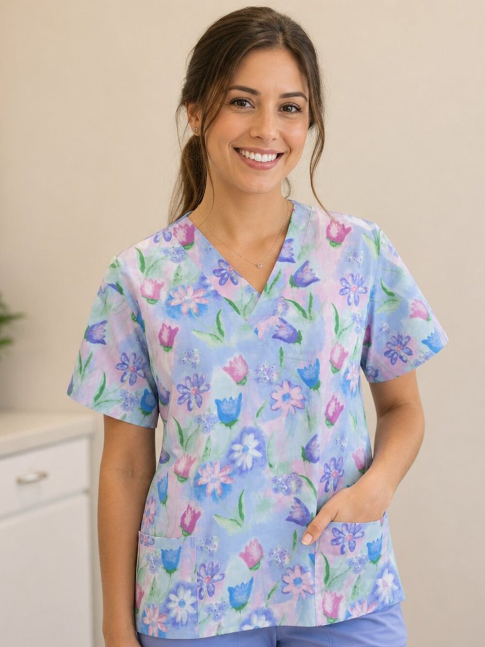 Med Gear Pastel Tulip Patch Floral V-Neck Medical Scrub Top